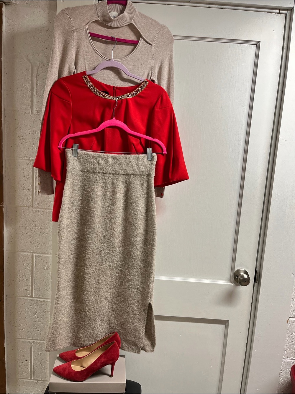 4 pc Red Embellished top/long sleeve top/Suede Red Heels/sweater skirt